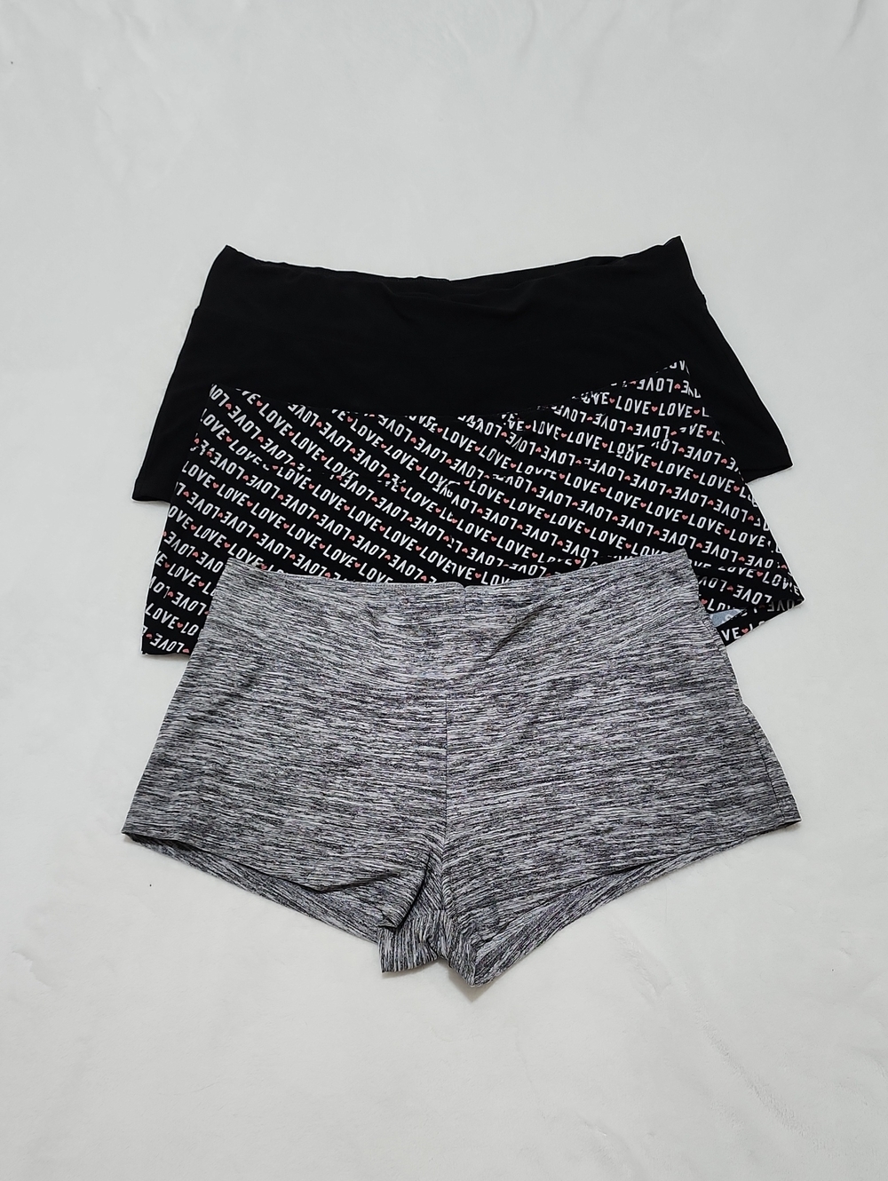 Women’s 3-Pack Lounge Shorts - Black, Black Love Print, Gray Heather L